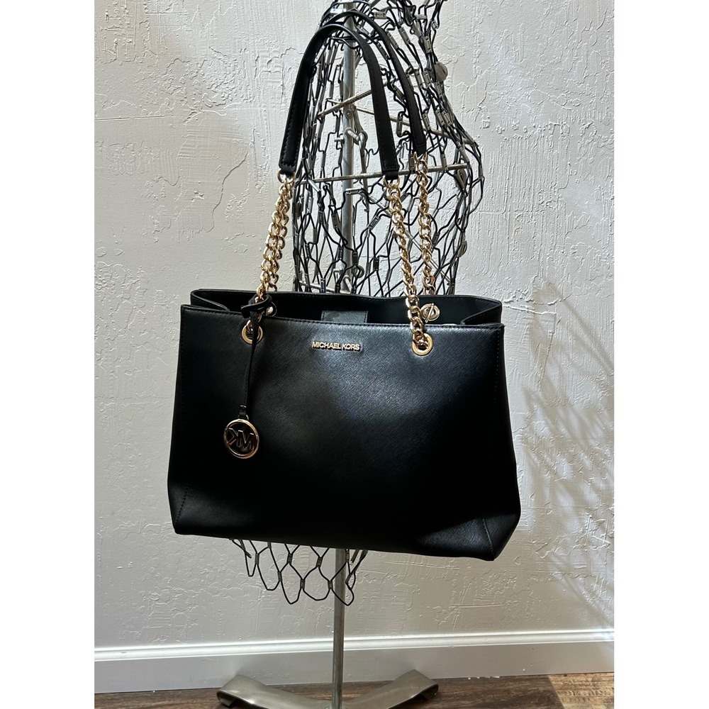 Michael Kors Susannah Large Saffiano Leather Shoulder Bag Tote - Black & Gold